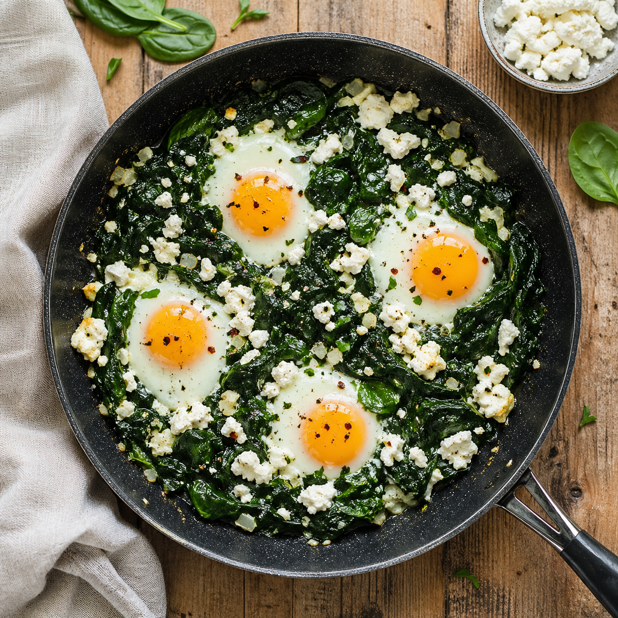 Spinat-Feta-Pfanne mit Ei schnell und gesund